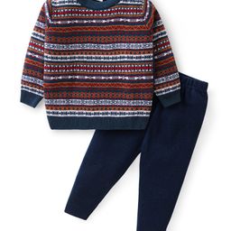 Babyhug Knitted Full Sleeves Aztec Designed Pullover Sweater Set - Dark Green & Rust-image-5