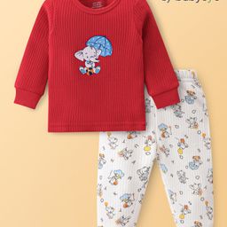 Babyoye Cotton Knit Drop Needle Full Sleeves Thermal Inner Wear Set With Elephant Print - Red & White-image-63