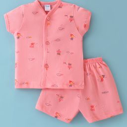 Tango Single Jersey Knit Half Sleeves Night Suit With Bear Print - Coral-image-12