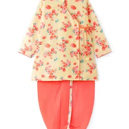 Babyhug Cotton Woven Full Sleeves Angarkha Style Kurta Dhoti Set Floral Print - Yellow-picture-7