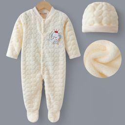 Kookie Kids Full Sleeves Footed Romper With Elephant Patch & Cap - Beige-image-57