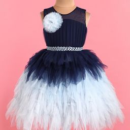 Bluebell Net Woven Sleeveless Floral Applique Ruffled & Frill Party Frock - Navy Blue-image-81