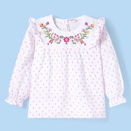 Babyhug Rayon Knit Full Sleeves Floral Embroidered & Printed Top with Frill Detailing - White-image-95