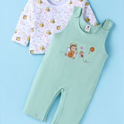 ToffyHouse 100% Cotton Knit Full Sleeves Honey Bee Printed T-Shirt & Dungaree Style Romper - Light Blue-image-23