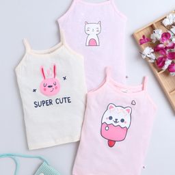 BUMZEE Cotton Pack Of 3 Sleeveless Animal & Super Cute Text Printed Camisoles - Pink Peach & Cream-image-99