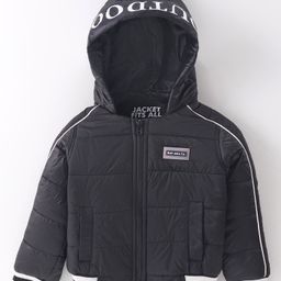 Ruff Woven Full Sleeves Padded Hooded Jacket with Text Print & Pocket Detailing - Black-picture-13
