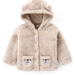 Babyhug Woven Full Sleeves Hooded Front Open Winter Fur Jacket with Bear Patch Detailing - Beige-image-9