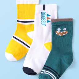 Cute Walk By Babyhug Cotton Knit Anti-Bacterial Ankle Length Socks With Dino Design Pack of 3 - White Green & Yellow-image-58