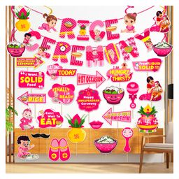 Zyozi Annaprashan Decorations Items Banner, Photo Booth Props & Swirls Hangings Pink - Pack Of 30-image-5