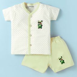 Little Darlings Interlock Knit Half Sleeves Shorts Night Suit with Polka Dots - Light Green & White-image-94