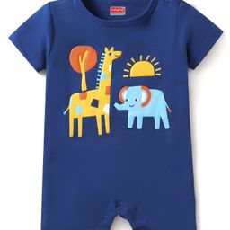 Babyhug Interlock Knit Half Sleeves Romper with Animal Print - Navy Blue-image-88