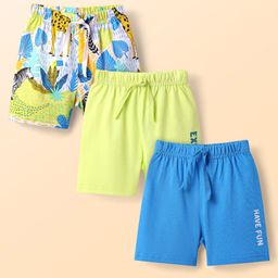 Babyhug Cotton Knit Mid Thigh Length Shorts with Jungle Theme Print Pack of 3 - Blue White & Neon Green-image-67