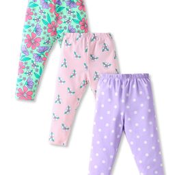Babyhug Cotton Lycra Full Length Skinny Fit Leggings with Stretch Floral & Polka Dot Print Pack of 3 - Purple Pink & Green-image-10