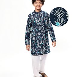 Pine Kids Cotton Woven Full Sleeves Printed Kurta Pyjama Set - Black & White-image-2