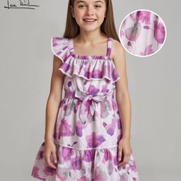 Arias Woven Chiffon Floral Printed Frill Sleeves Frock with Ruffle Detailing & Fabric Belt - Purple-image-56