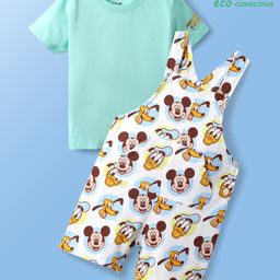 Babyoye Disney Single Jersey Knit Half Sleeves T-Shirt And Dungaree With Cap & Mickey Mouse Family Graphics - White & Light Blue-image-38