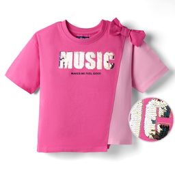 Pine Kids Cotton Knit Half Sleeves Cut & Sew T-Shirt with Sequin Detailing & Bow Applique - Pink-image-13