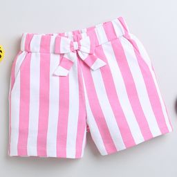 BUMZEE Cotton Woven Above Knee Length Shorts Stripes & Bow Applique - Pink & White-image-97