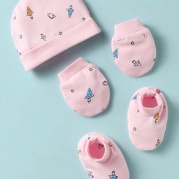 Simply Interlock Knit Cap Mitten & Booties Set with Rocket Print Pink - Diameter 16.5 cm-2