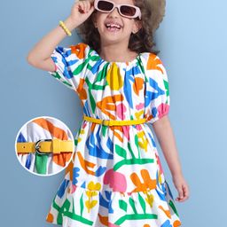 Hola Bonita Woven Half Sleeves Frocks With Floral Print & Belt - Multicolour-image-94