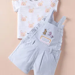 ToffyHouse Cotton Knit Dungaree & Half Sleeves T-Shirt with Bunny Print - Lavender & White-picture-24