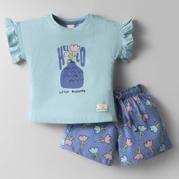 CUCUMBER Sinker Knit Frill Sleeves Shorts Night Suit With Floral Print - Light Blue-image-45