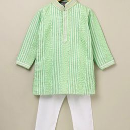 Dapper Dudes Full Sleeves Striped & Sequins Embellished Kurta & Pyjama Set - Green-image-13