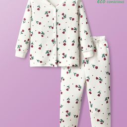 Babyoye Cottan Modal Blend Full Sleeves Front Open Co-ords Thermal Inner Wear Set with Floral Print - White-image-40