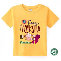 BLUSHES 100% Cotton Knit Raksha Bandhan Theme Half Sleeves Happy Raksha Bandhan Text Printed Tee - Yellow-image-95
