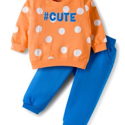 Doodle Poodle 100% Terry Knit Full Sleeves T-Shirt & Lounge Pant Set With Polka Dot Print - Orange & Blue-picture-3
