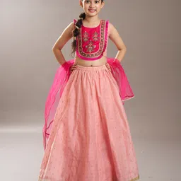 Bitiya By Bhama Silk Woven Sleeveless Floral Embroidered Gota Lace Embellished Lehenga Choli With Dupatta Set - Pink-picture-29