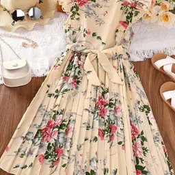 YK Girls Floral Printed Round Neck Flutter Sleeve Fit & Flare Midi Dress-image-86