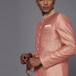 Manyavar Men Peach-Coloured & White Printed Sherwani Set-1