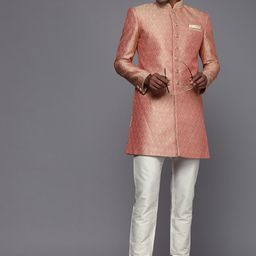 Manyavar Men Peach-Coloured & White Printed Sherwani Set image 3