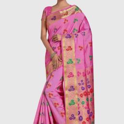 Mimosa Pink Woven Sarees With Blouse-image-4