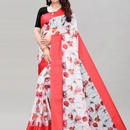 Satrani White Printed Saree With Unstitched Blouse Piece-image-26