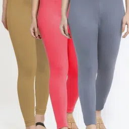 Gracit Grey & Peach Mid Rise Leggings - Pack Of 3-image-95