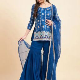 Adornia Blue Embroidered Kurta Bottom Dupatta Set-image-13