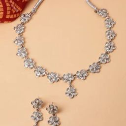 Zeneme Rhodium Plated Flower AD Studded Necklace and Earring Jewellery Set-40