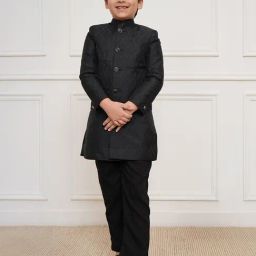 VASTRAMAY Boys Black Self Design Indo Western Set-image-94