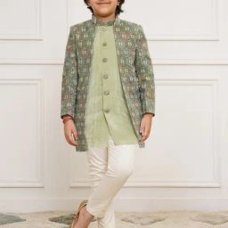 VASTRAMAY Boys Green Embroidered Indo Western Set-image-39