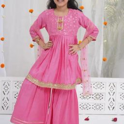 Little Bansi Girls Cranberry Pink Cotton Embellished Suit Sets-image-80