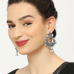OOMPH Oxidized Silver Earrings Green & Pink Stones Laxmi Floral Shape Chand Bali Earrings image 3