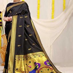 SHUBHKALA Black Silk Woven Saree With Unstitched Blouse-image-18