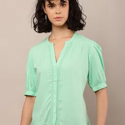 NoBarr Solid V-Neck Puff Sleeves Regular Shirt Style Top-image-72