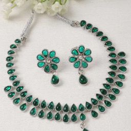 Zeneme Rhodium Plated Pear Shaped AD Studded Necklace and Earring Jewellery Set-image-15