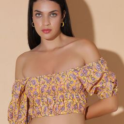 MOSHI Paisley Printed Off-Shoulder Puff Sleeves Cotton Crop Top-image-22