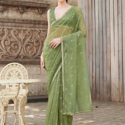 Tikhi Imli Green Embroidered Saree with Unstitched Blouse-image-80