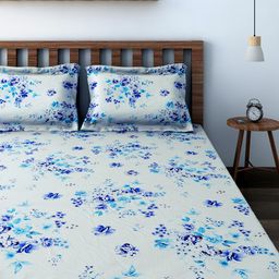 SWAYAM Blue & White 300 TC Cotton Double Fitted Bedsheet with 2 Pillow Covers-35