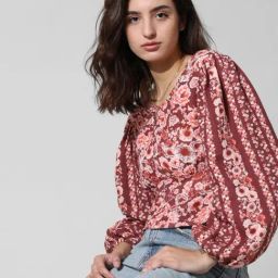 Only Maroon Cotton Floral Print Peplum Top-image-45